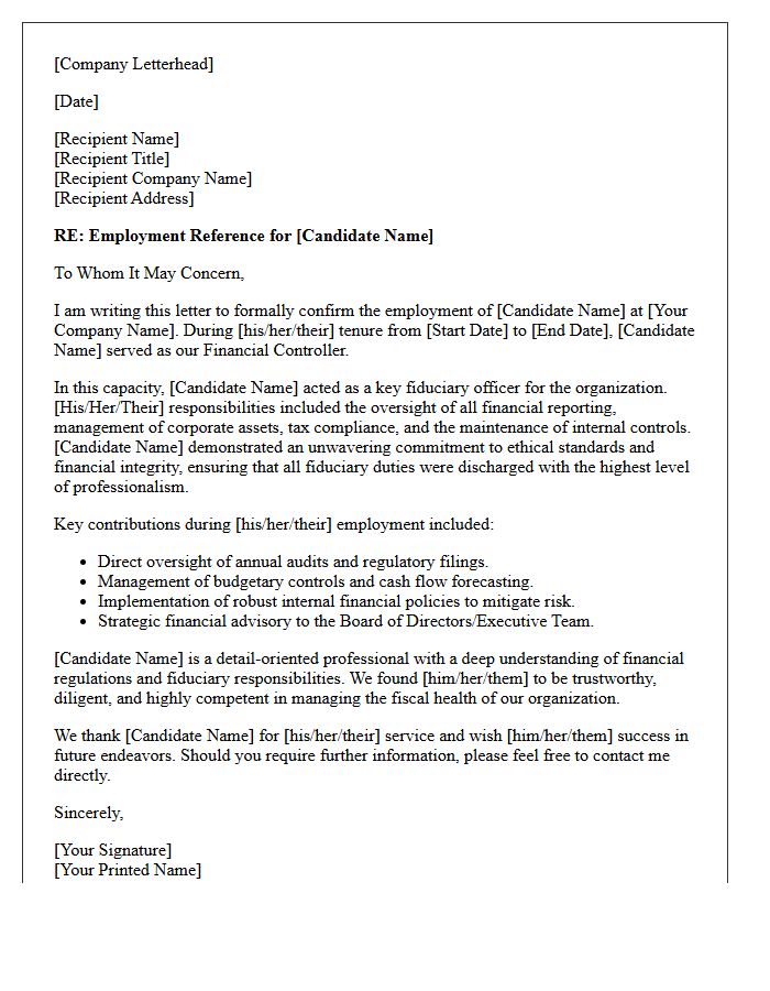 Financial Controller Fiduciary Employment Reference Letter