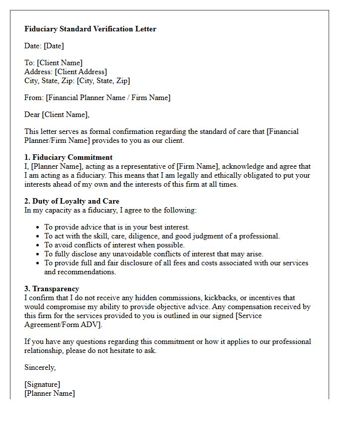 Financial Planner Fiduciary Standard Verification Letter