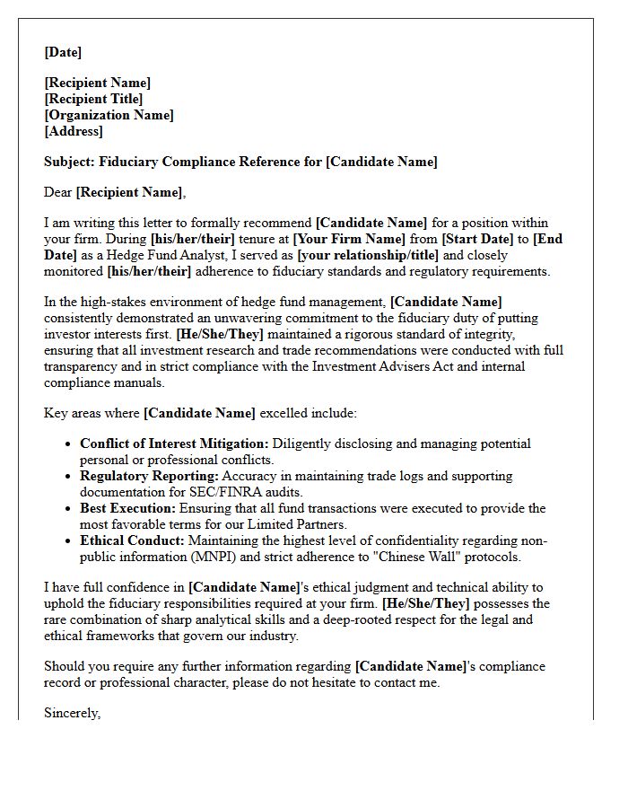 Hedge Fund Analyst Fiduciary Compliance Reference Letter