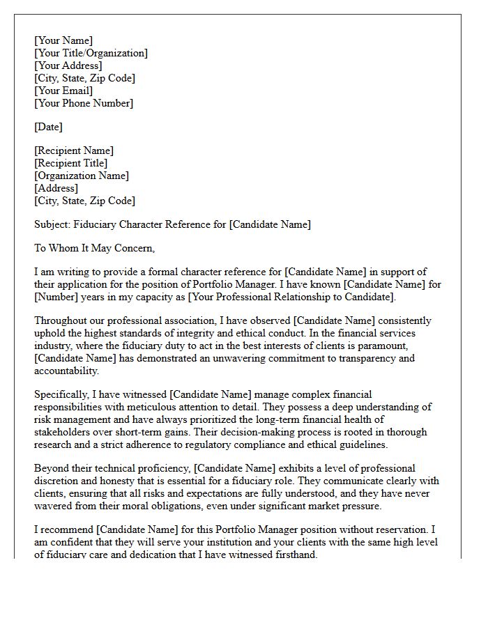 Portfolio Manager Fiduciary Character Reference Letter