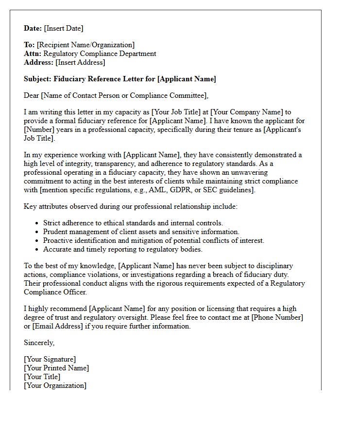 Regulatory Compliance Officer Fiduciary Reference Letter