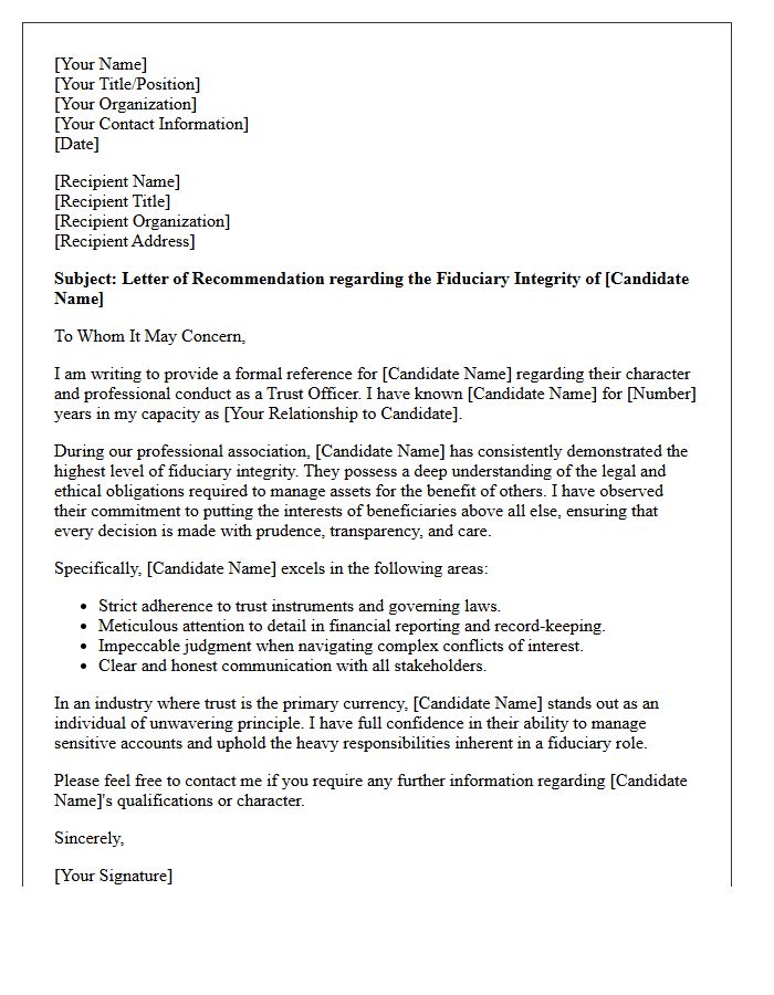 Trust Officer Fiduciary Integrity Reference Letter