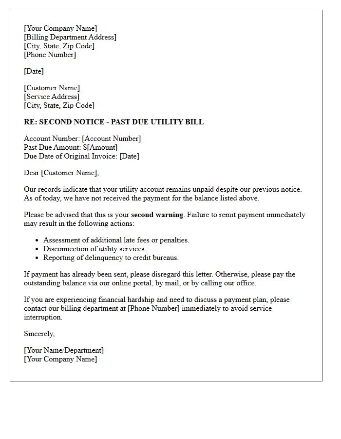 Second Utility Service Past Due Warning Letter