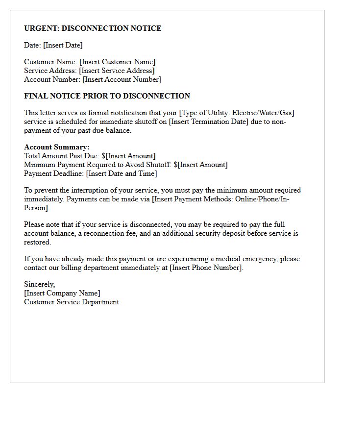 Utility Service Immediate Shutoff Warning Letter