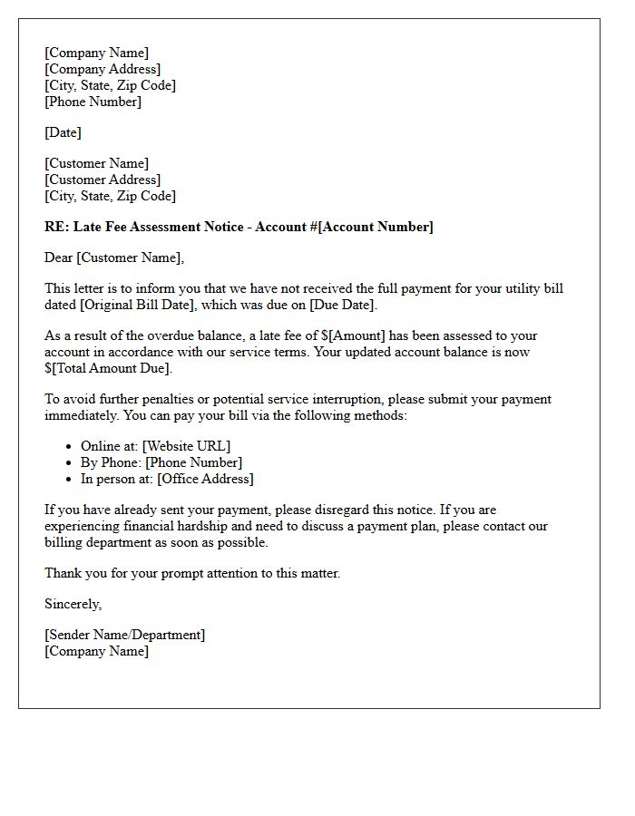 Utility Service Late Fee Assessment Notice Letter