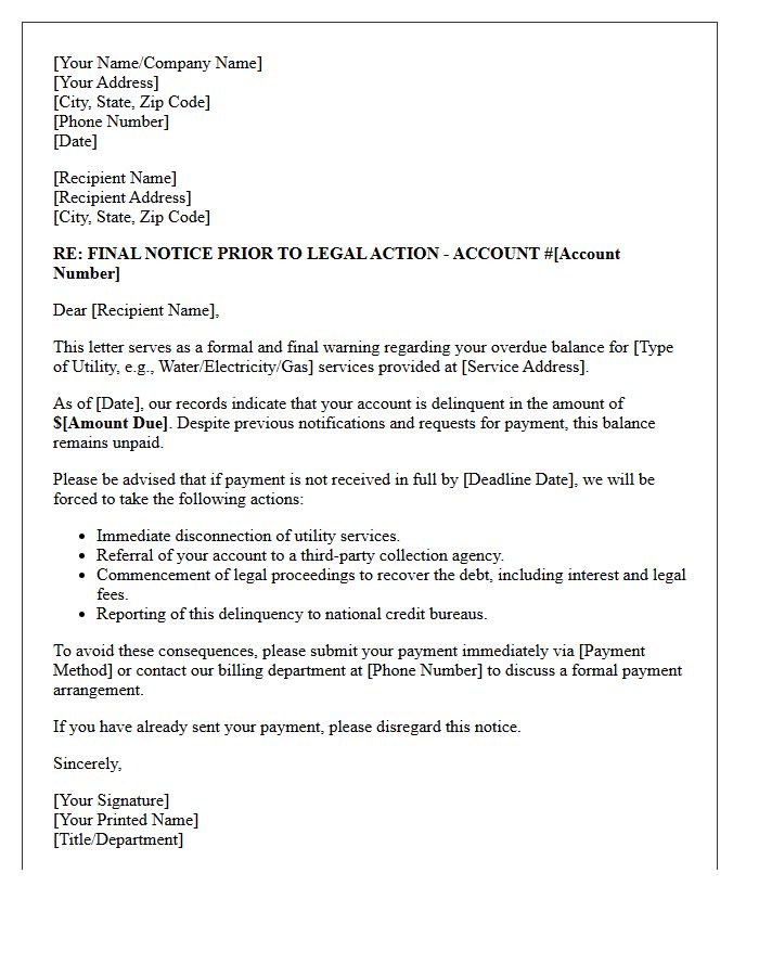 Utility Service Legal Action Warning Letter