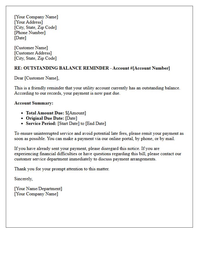 Utility Service Outstanding Balance Reminder Letter