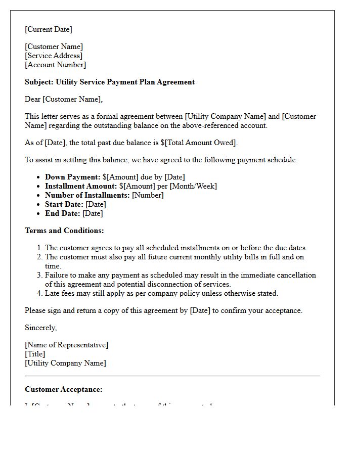 Utility Service Payment Plan Agreement Letter