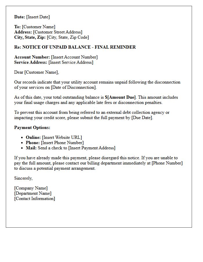 Utility Service Post Disconnection Debt Collection Letter