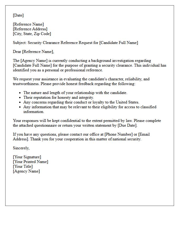 Agency Candidate Security Clearance Reference Request Letter
