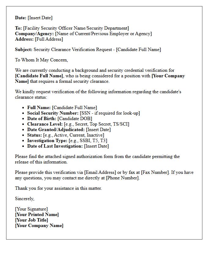 Candidate Security Clearance Verification Request Letter