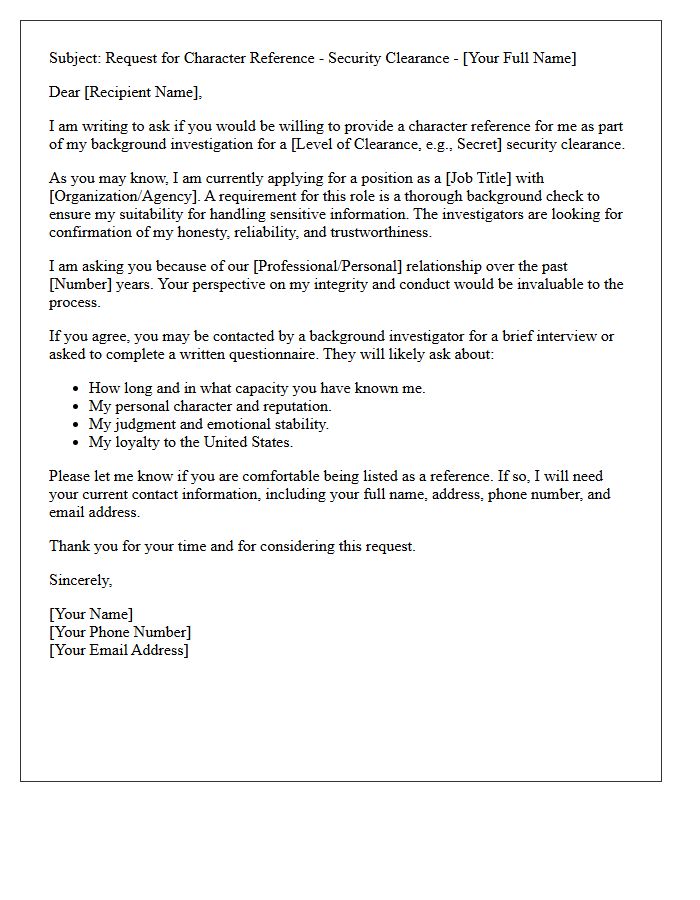 Character Reference Request Letter for Security Clearance