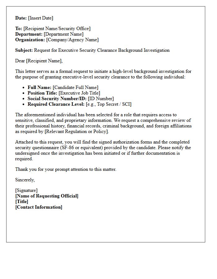 Executive Security Clearance Background Request Letter