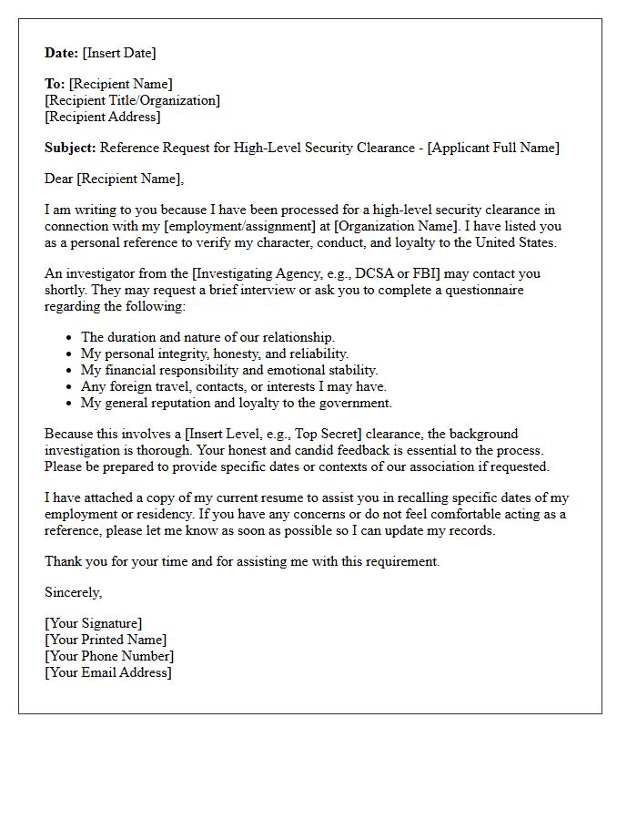 High-Level Security Clearance Reference Request Letter
