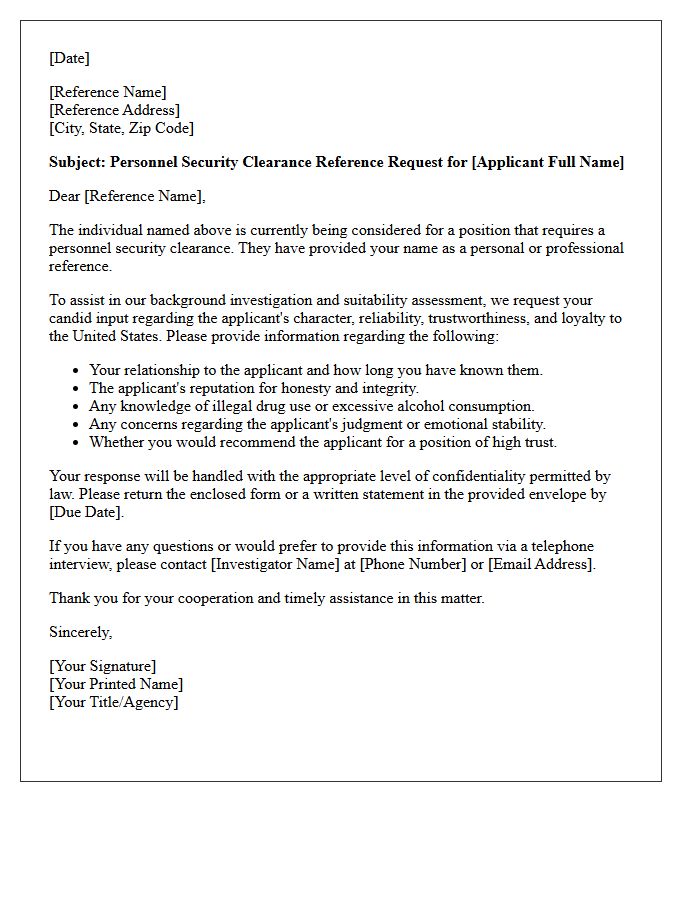 Personnel Security Clearance Reference Request Letter