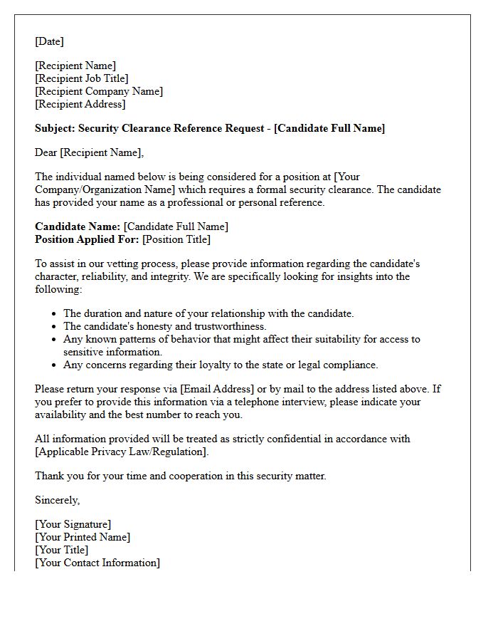 Pre-Employment Security Clearance Reference Request Letter