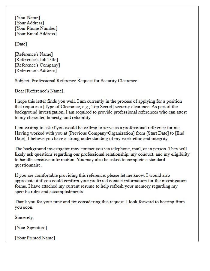 Professional Reference Request Letter for Security Clearance