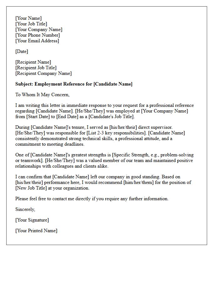 Immediate Response Employment Background Reference Letter