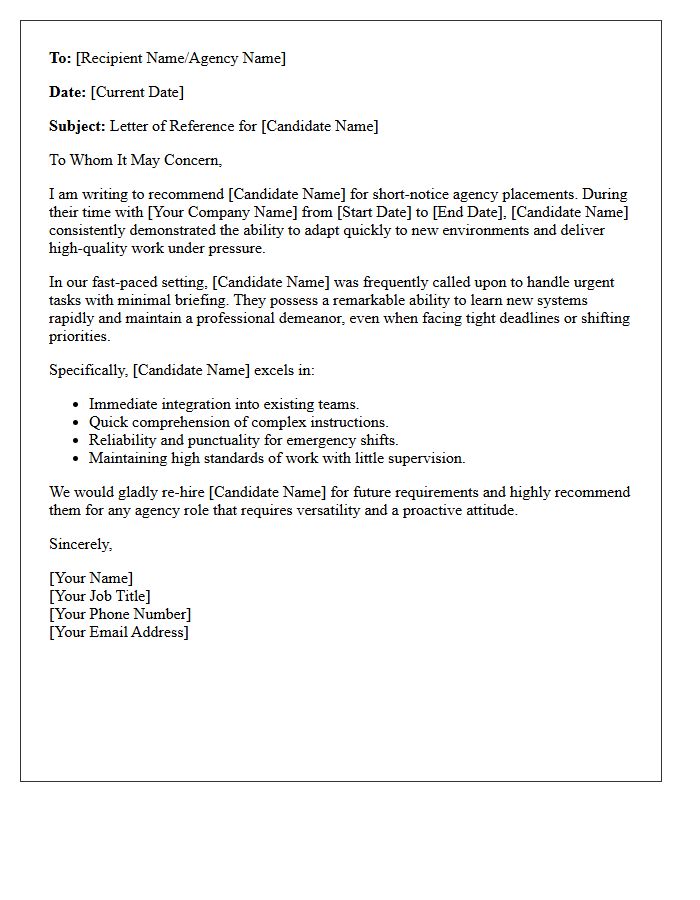 Short-Notice Agency Placement Reference Letter