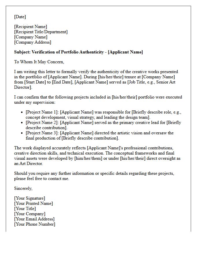 Art Director Portfolio Authenticity Reference Letter