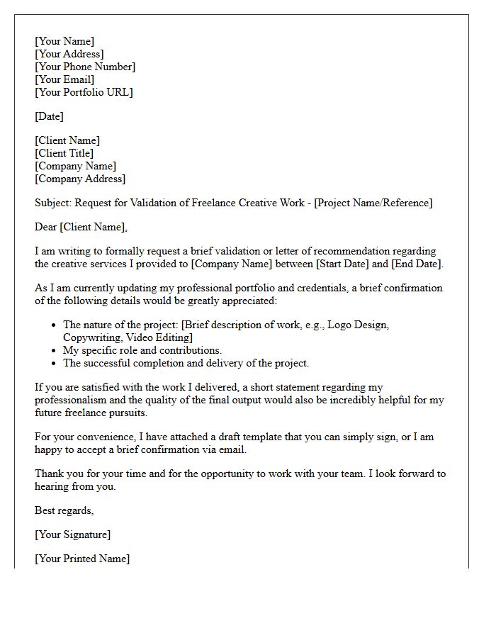 Freelance Creative Work Validation Request Letter