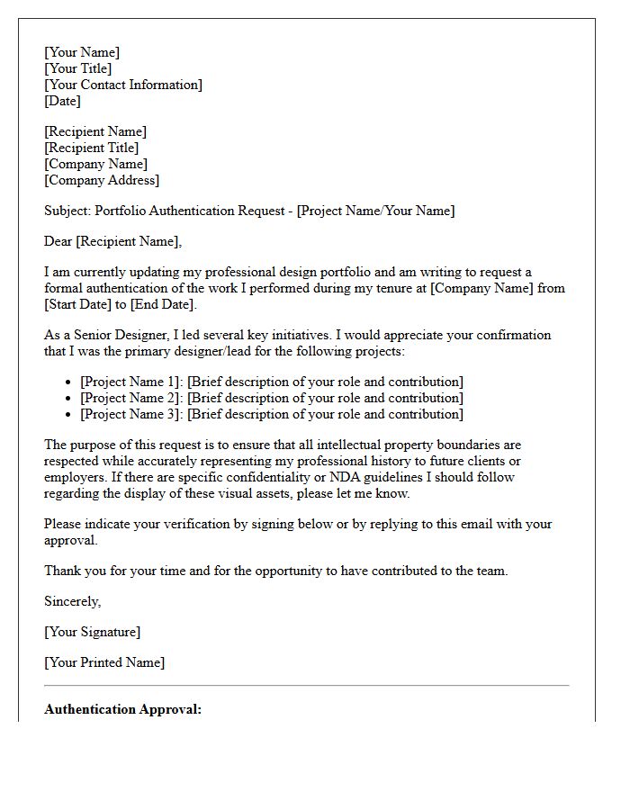 Senior Designer Portfolio Authentication Request Letter