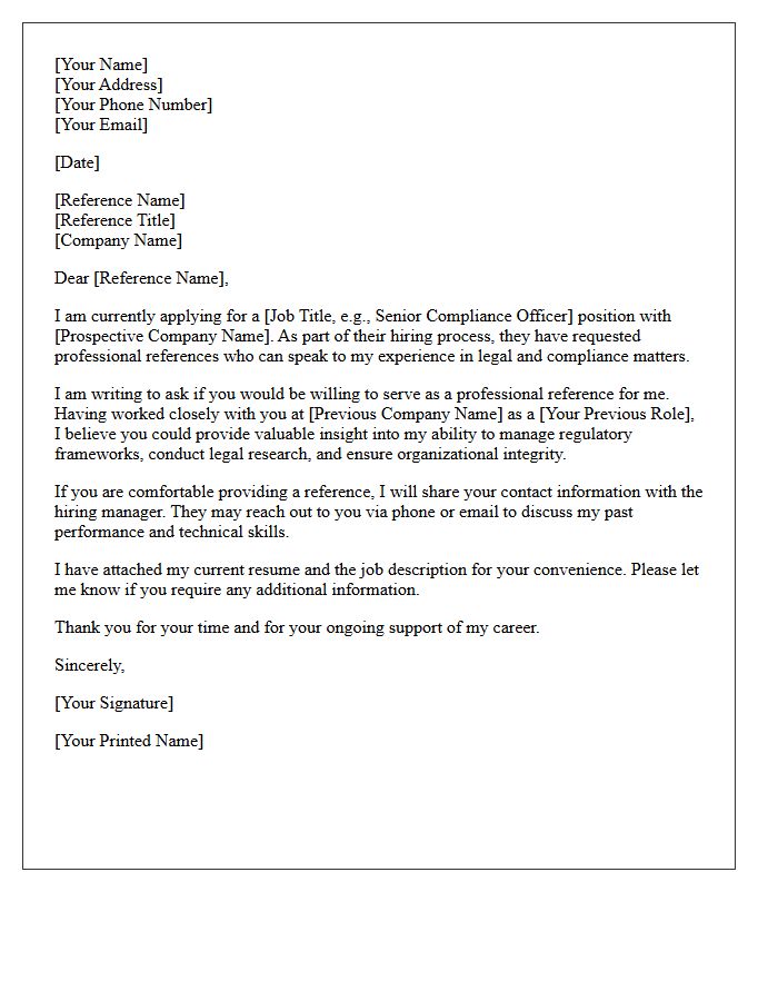 Candidate Professional Reference Request Letter for Legal and Compliance Role