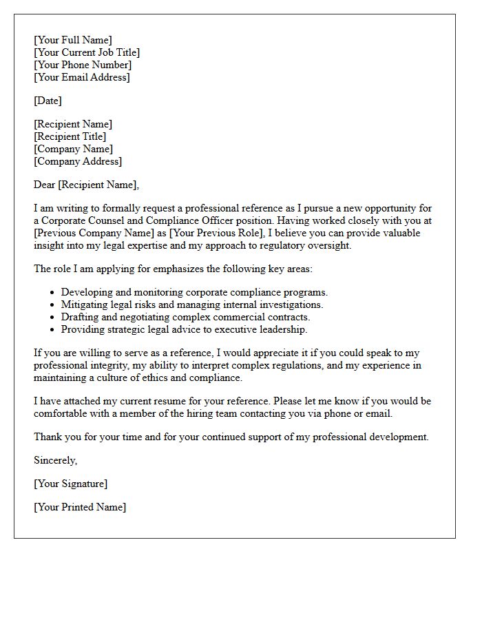 Corporate Counsel and Compliance Officer Reference Request Letter
