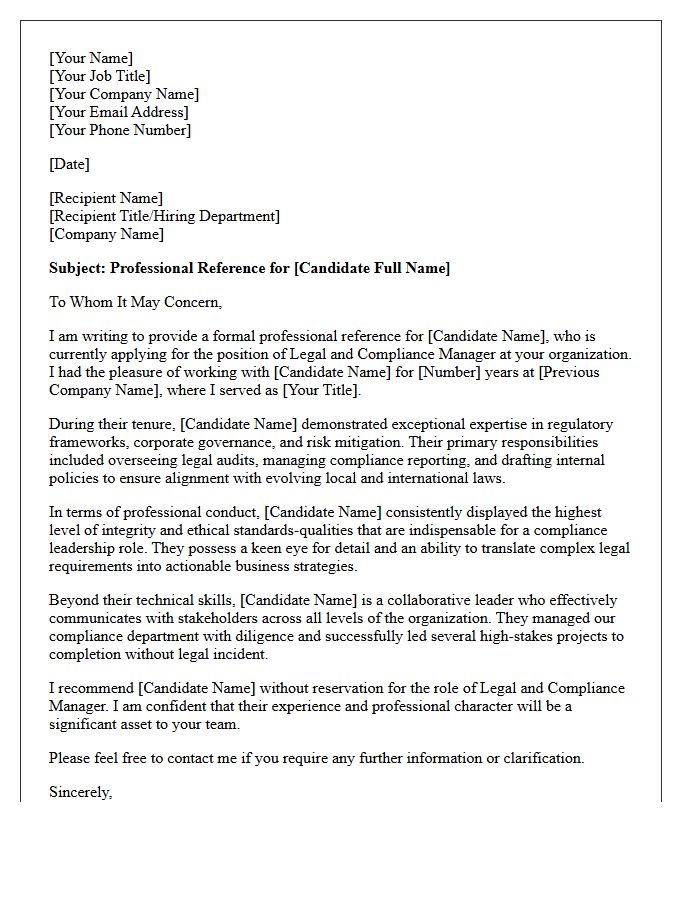 Legal and Compliance Manager Background Check Reference Letter