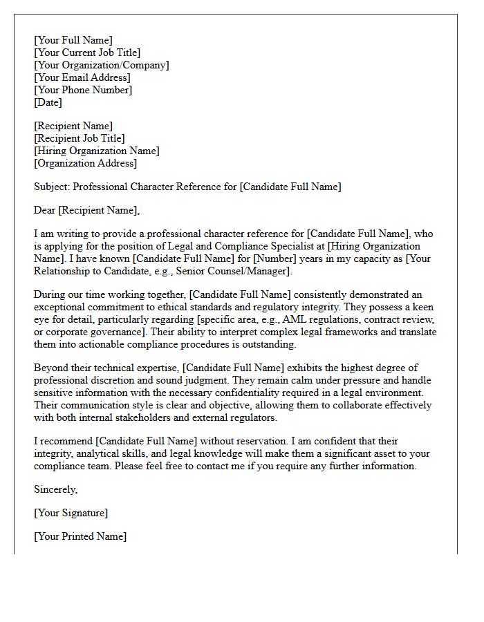Legal and Compliance Specialist Professional Character Reference Letter