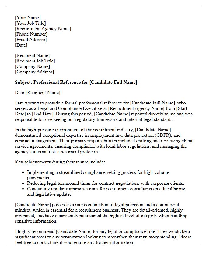 Recruitment Agency Legal and Compliance Executive Reference Letter