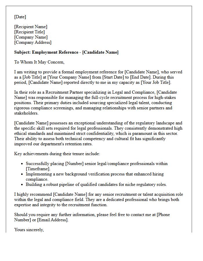 Recruitment Partner Legal and Compliance Employment Reference Letter
