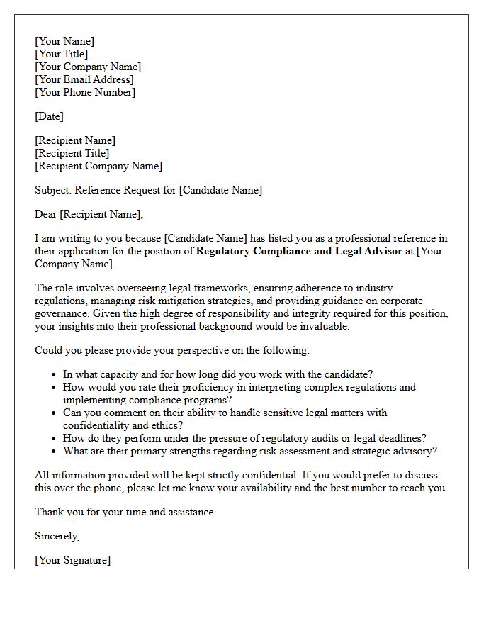 Regulatory Compliance and Legal Advisor Reference Request Letter
