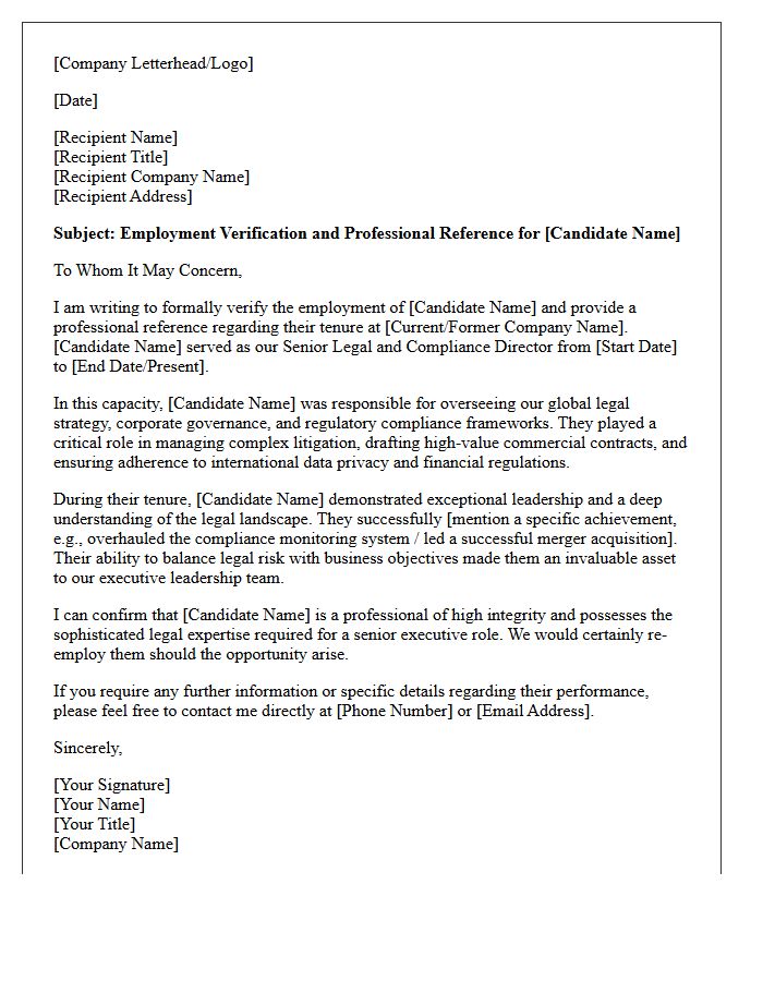 Senior Legal and Compliance Director Verification and Reference Letter