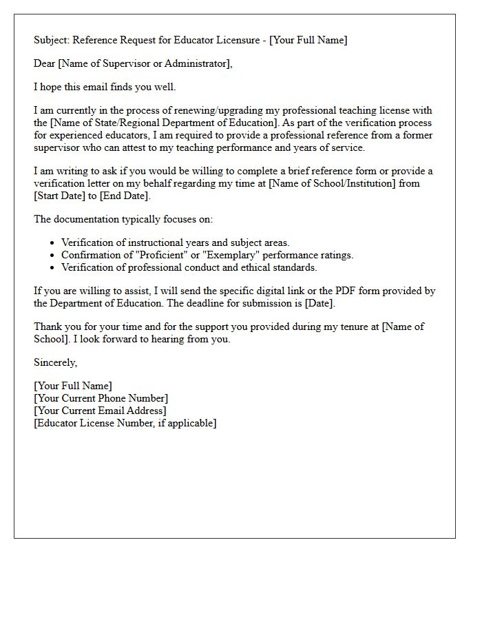 Experienced Educator Licensure Reference Request Letter