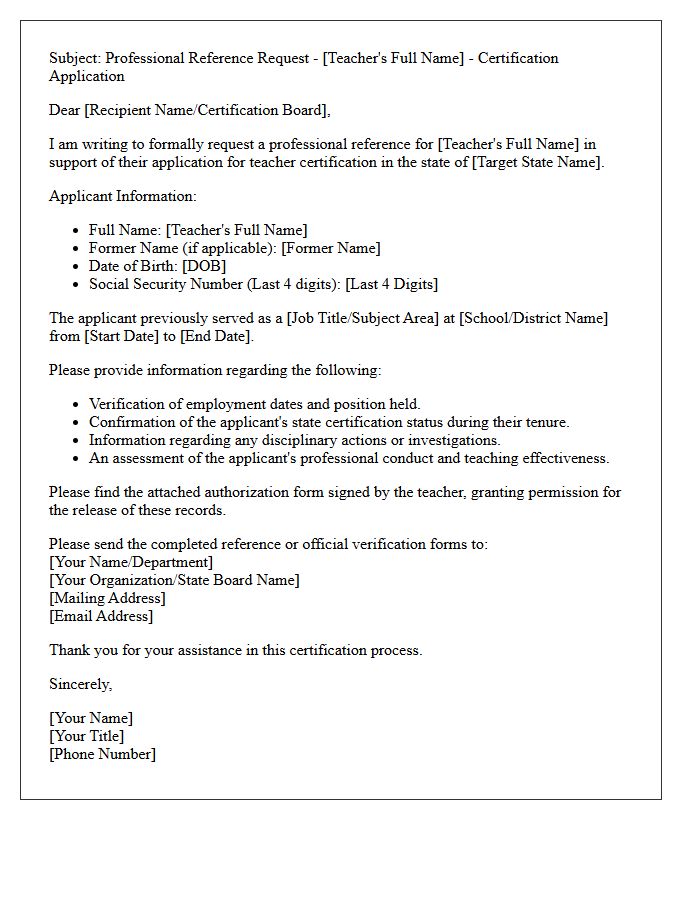 Out-Of-State Teacher Certification Reference Request Letter
