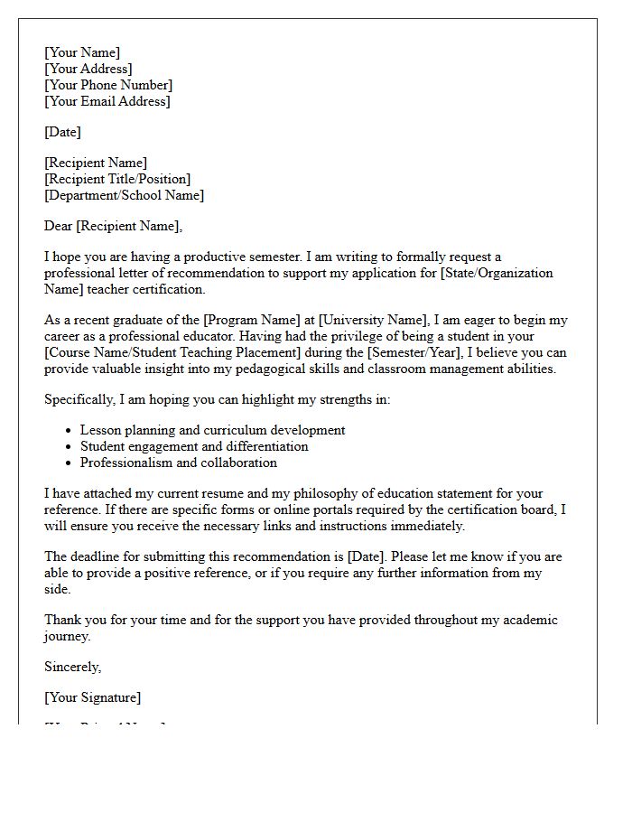 Recent Graduate Teacher Certification Reference Request Letter