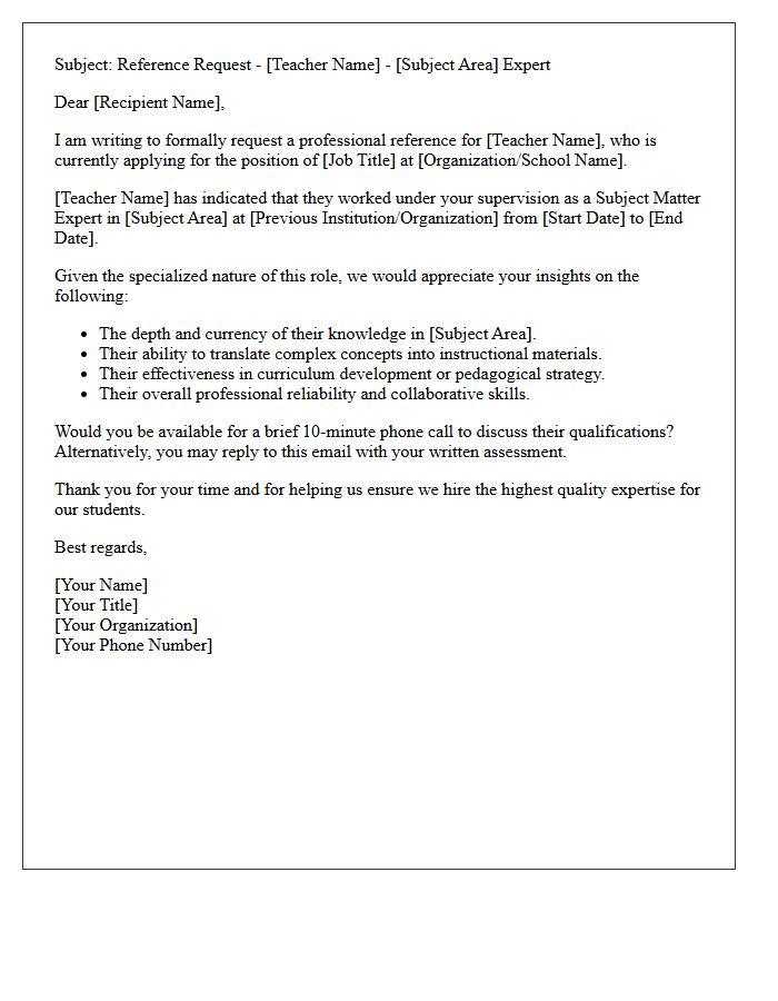 Subject Matter Expert Teacher Reference Request Letter