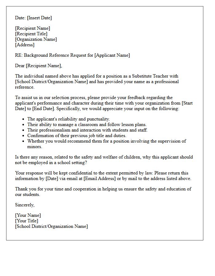 Substitute Teacher Background Reference Request Letter