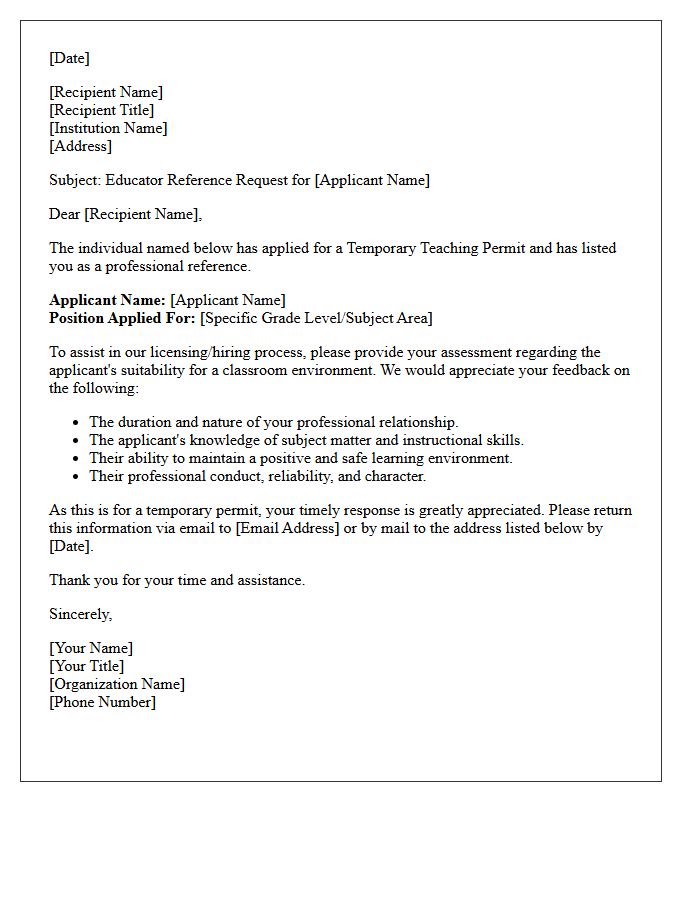 Temporary Permit Educator Reference Request Letter
