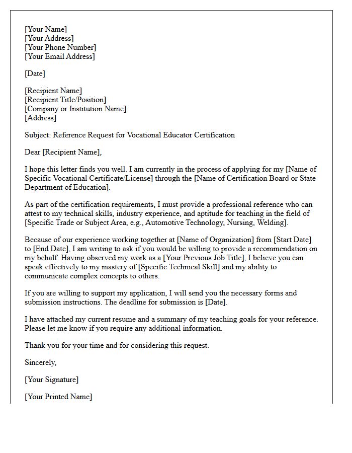 Vocational Educator Certification Reference Request Letter