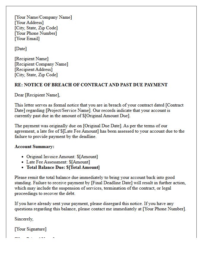 Breach of Contract Past Due Notice With Late Fee Assessment Letter