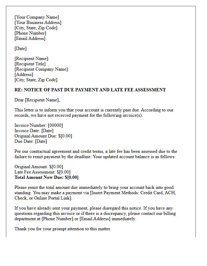Commercial Business Past Due Notice With Late Fee Assessment Letter