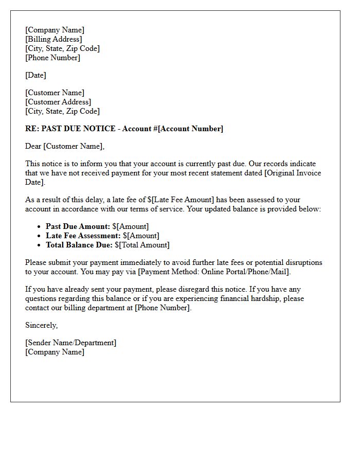 Consumer Retail Past Due Notice With Late Fee Assessment Letter