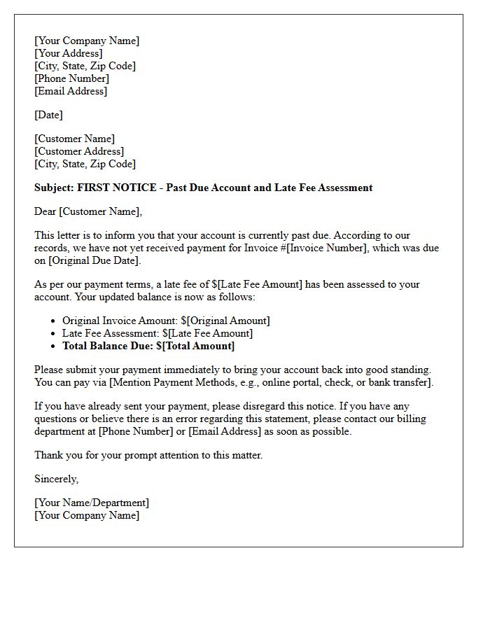 First Notice of Past Due Account With Late Fee Assessment Letter