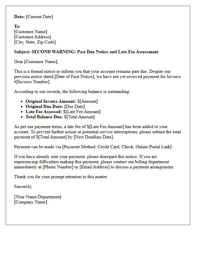 Second Warning Past Due Notice and Late Fee Assessment Letter