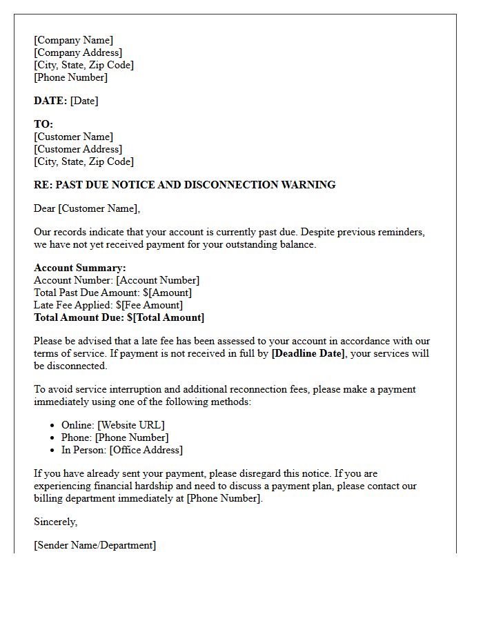 Service Disconnection Past Due Notice and Late Fee Assessment Letter