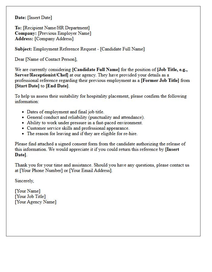Agency Request Letter for Hospitality Staff Reference