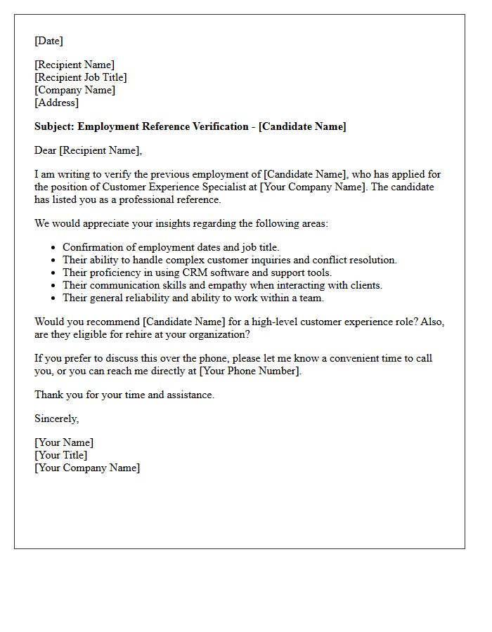 Customer Experience Specialist Reference Verification Letter