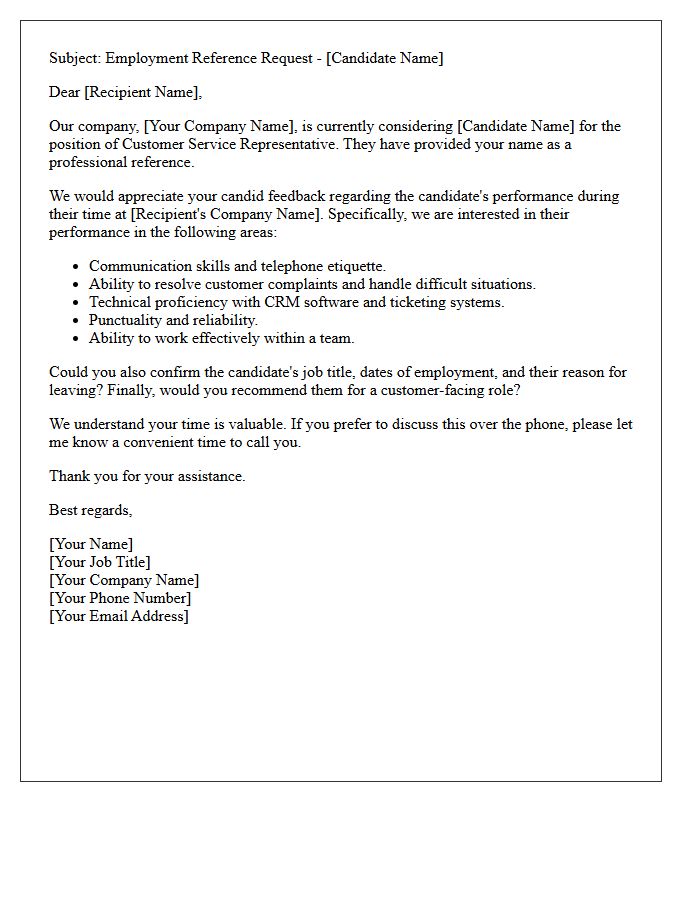 Customer Service Representative Employment Reference Request Letter